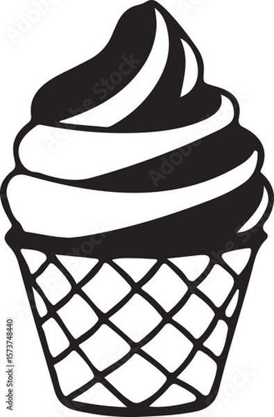 Fototapeta Swirled Ice Cream Cone Sketch with Waffle Texture Representing Summer Sweetness in Monochrome Minimalist Style.