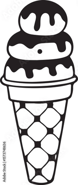 Fototapeta Double Scoop Ice Cream Cone with Chocolate Drizzle in Crisp Waffle Sketch Design, Black and White Style.