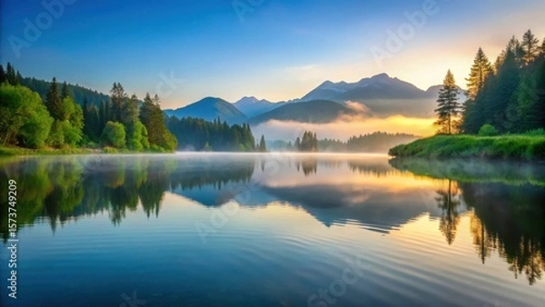 Fototapeta A serene lake at dawn with a subtle ripple on the water surface