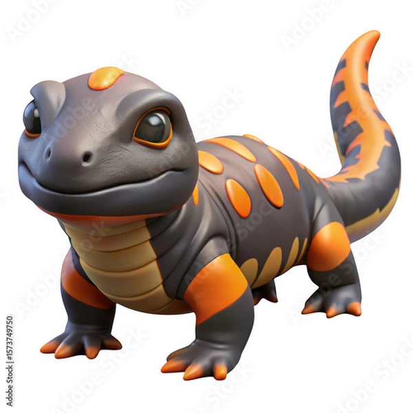 Fototapeta Cute cartoon salamander with orange spots and tail isolated on transparent background