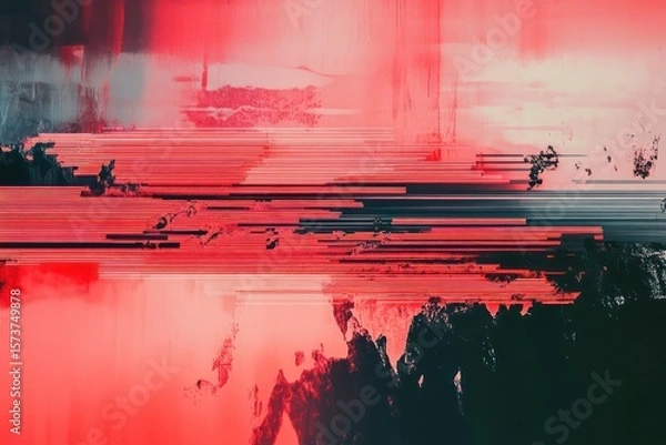Fototapeta Glitch Style Red Waveform with Horizontal Noise Bars. Abstract Background