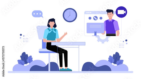Fototapeta Remote workers joining morning check-in call, flat vector illustration