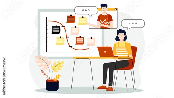 Fototapeta Remote team using Kanban board for workflow, flat vector illustration