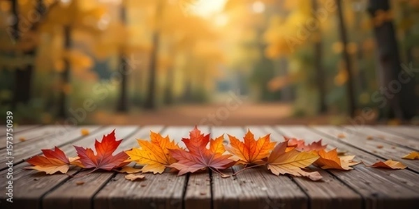 Fototapeta Colorful Autumn Leaves on Wooden Table with Blurred Forest Background