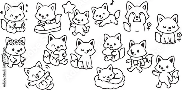 Fototapeta Cute Fox in Playful Activities Black and White Line Art for Children’s Coloring Book | Generative AI