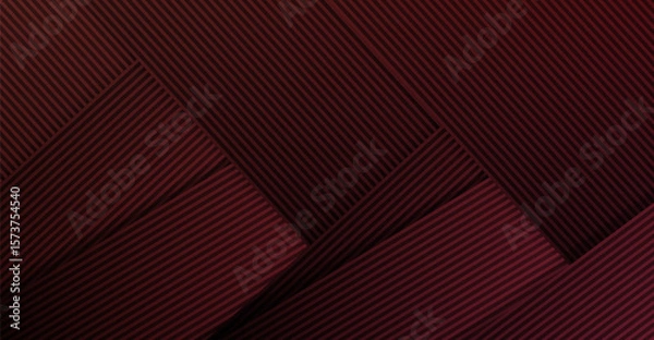 Fototapeta Abstract background featuring deep burgundy and maroon hues with layered geometric shapes formed by parallel striped lines creating a sense of depth and texture
