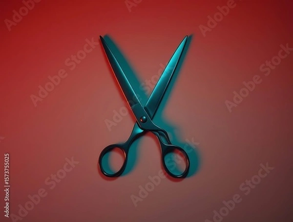 Obraz Illuminated scissors with strong lighting and shadow, on a red background