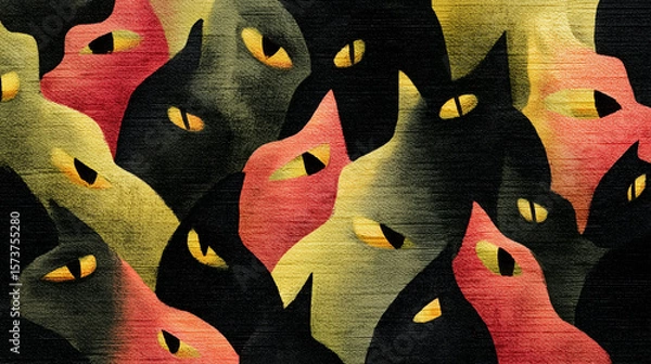 Obraz Stylized black cats with glowing eyes in Halloween colors