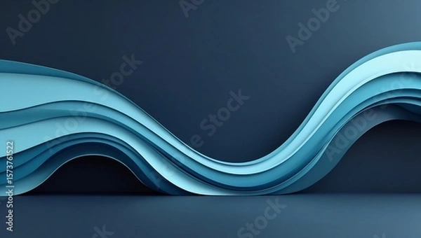Fototapeta Minimal abstract futuristic wave background with smooth layered blue and cyan curves, soft lighting, dark gradient backdrop, clean tech aesthetic, high resolution, no text