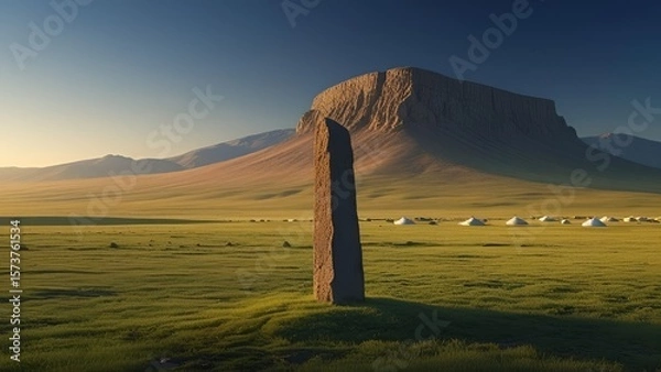 Fototapeta Lonely Stone Monolith in Wide Grassland with Majestic Mountain and Nomad Tents