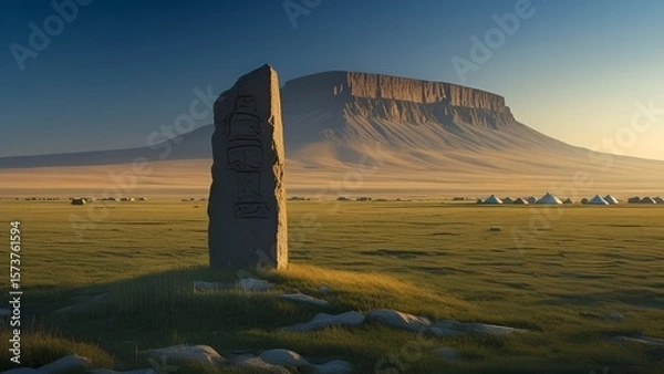 Fototapeta Ancient Monolith and Distant Mesa in Vast Sunset Grassland Landscape
