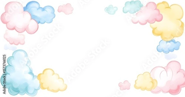 Fototapeta "Minimal pastel watercolor border with corner clouds, soft pink and yellow tones, spacious text area, flat vector illustration, high-res white frame."

