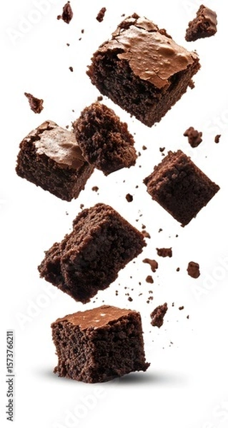 Fototapeta "Falling chocolate brownies with flying cocoa chunks, minimalist white background, professional quality food image."


