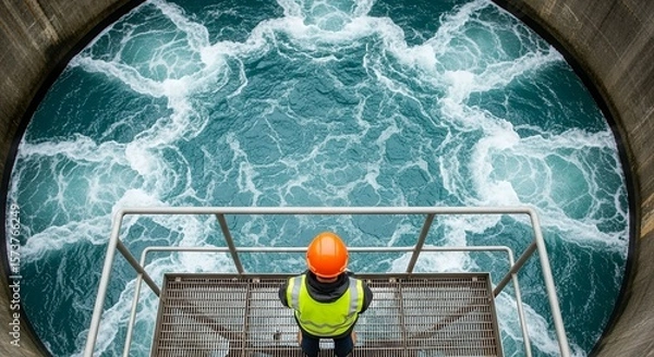 Obraz Engineer oversees processing of turbulent water at a water treatment facility, ensuring clean liquid distribution for public use.