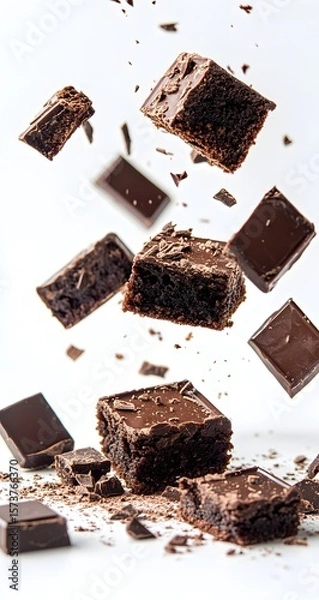 Fototapeta "Delicious chocolate brownies captured falling with chocolate pieces, isolated shot on pure white background, food concept."

