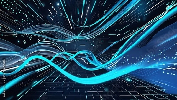 Fototapeta Futuristic digital wave background with glowing blue and cyan flowing lines, particle trails, light dots, and motion blur, dark tech grid background, high contrast style.
