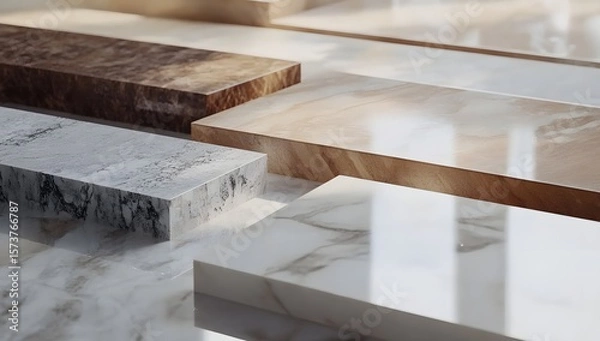 Fototapeta "Curated flat lay of luxury marble and wood samples, presenting texture variations and elegant material pairings for high-end interior design concepts."

