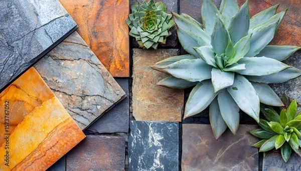 Fototapeta "Flat lay composition of marble and wood material samples for interior design, showcasing natural textures and neutral tones in elegant arrangement."

