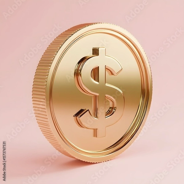 Fototapeta "Ultra-realistic professional photo of gold coin with dollar sign, detailed illustration, high-resolution, isolated on pastel background, perfect for showcasing."


