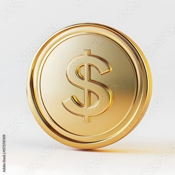 Fototapeta "Ultra-realistic professional photo of gold coin with dollar sign, sharp focus highlighting texture and details, isolated on white background, high-resolution."

