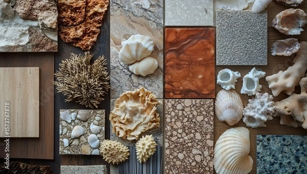 Fototapeta "Flatlay interior mood board with various material samples - wood, marble, terrazzo, oak, walnut, sandstone tiles and natural coral/shell decorative elements."

