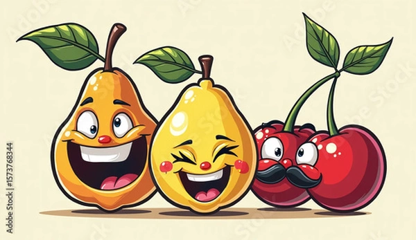 Obraz Funny cartoon pears and cherries with happy faces.