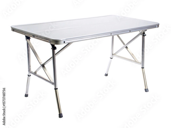 Fototapeta Photo of a portable folding metal table with a silver surface isolated on transparent background