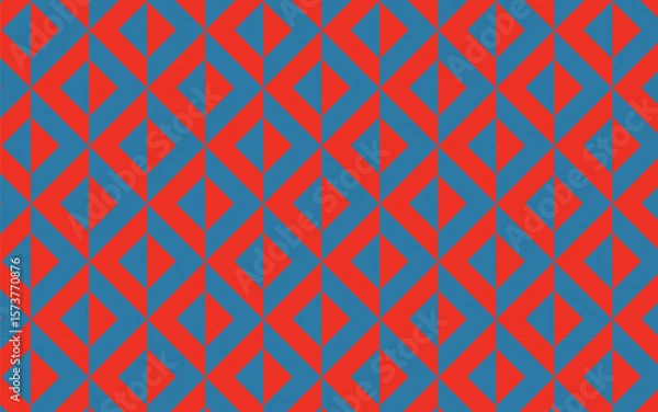 Fototapeta Seamless geometric pattern featuring interwoven red diamond shapes over a blue background, forming a hypnotic lattice effect