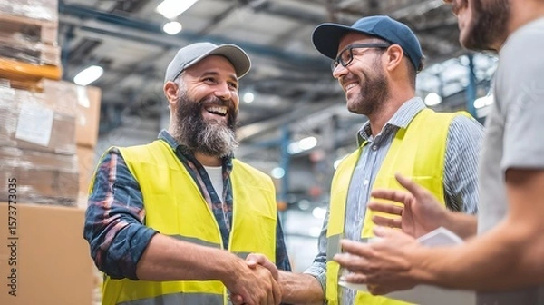 Fototapeta Two business partners shaking hands in a modern warehouse setting surrounded by their distribution team who are applauding the successful export agreement partnership