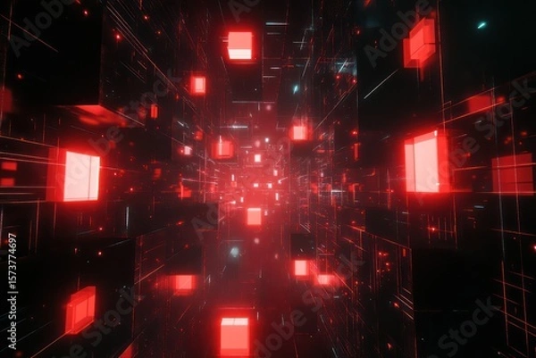 Fototapeta Red Cube Formations in Vanishing Perspective. Abstract Background