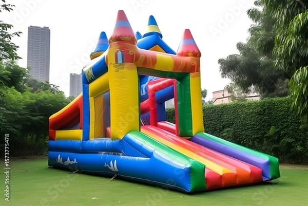 Fototapeta Colorful Inflatable Castle Bounce House with Slide for Kids Parties & Events | Outdoor Fun & Entertainment | Playful Design