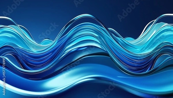 Fototapeta Transparent glass-like digital waves in cyan and electric blue tones, layered and flowing on a dark blue background, glowing edge highlights, soft focus, futuristic feel.
