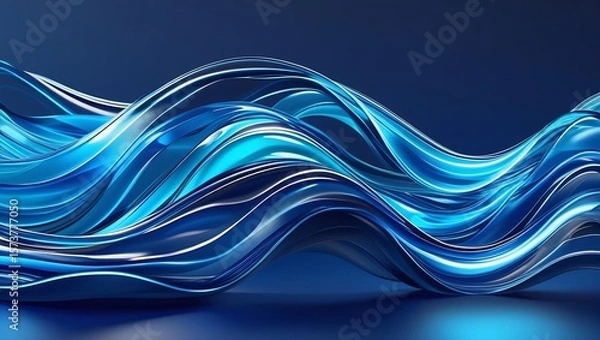 Fototapeta Transparent glass-like digital waves in cyan and electric blue tones, layered and flowing on a dark blue background, glowing edge highlights, soft focus, futuristic feel.