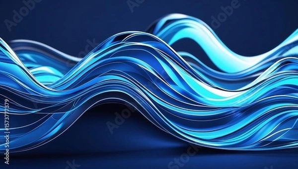 Fototapeta Transparent glass-like digital waves in cyan and electric blue tones, layered and flowing on a dark blue background, glowing edge highlights, soft focus, futuristic feel.