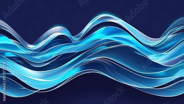 Fototapeta Transparent glass-like digital waves in cyan and electric blue tones, layered and flowing on a dark blue background, glowing edge highlights, soft focus, futuristic feel.