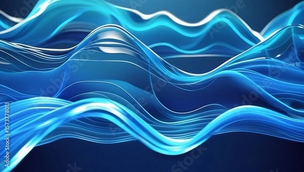 Fototapeta Transparent glass-like digital waves in cyan and electric blue tones, layered and flowing on a dark blue background, glowing edge highlights, soft focus, futuristic feel.