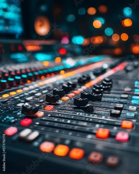 Fototapeta Professional studio sound mixer console with buttons for audio recording and broadcast control