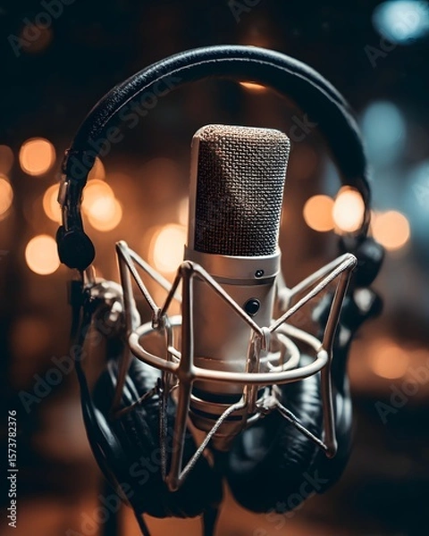 Fototapeta A dynamic microphone stands ready on stage, capturing the essence of a live music performance or studio recording