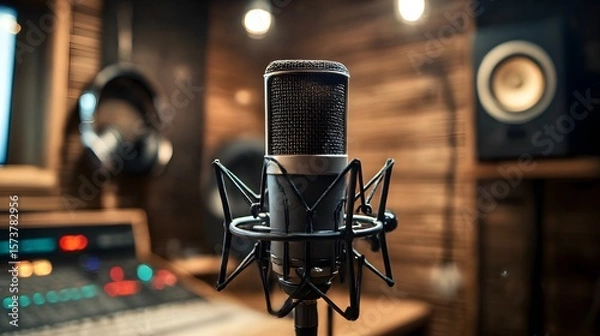 Fototapeta Isolated retro studio microphone on a vintage stage for music recording