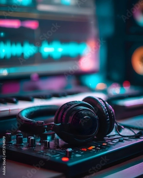 Fototapeta Close-up of a DJ mixing music on a digital sound processor, highlighting the intricate electronic components and blue-hued circuit boards within the high-tech equipment