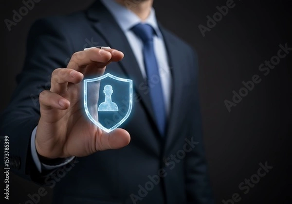Fototapeta Man holding a glowing hologram of a person icon surrounded by digital padlocks, representing data privacy, cybersecurity, user protection, and digital identity safety.