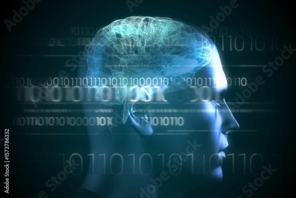 Obraz Brain interface in blue with binary code