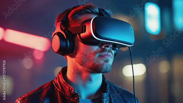Fototapeta a person wearing a virtual reality headset and headphones, immersed in a colorful, neon-lit environment