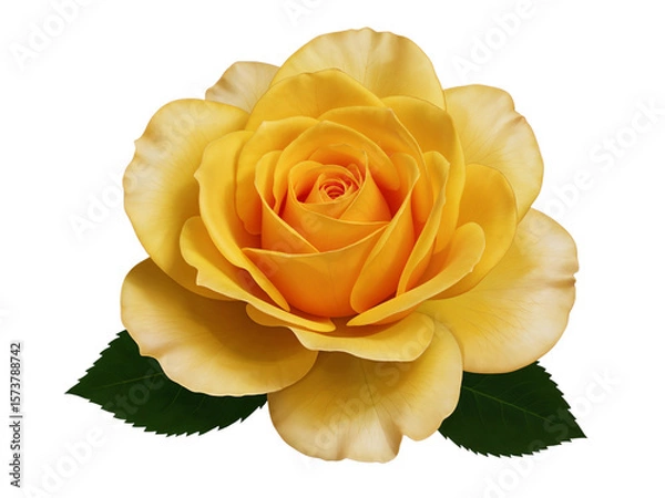 Fototapeta A beautiful yellow rose with green leaves isolated on transparent background