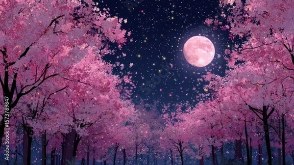Fototapeta Pink cherry blossoms under a full moon at night