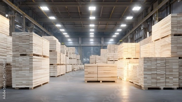 Fototapeta A spacious and efficient warehouse interior with neatly arranged shelves stacks of boxes and various products and materials ready for distribution and transportation