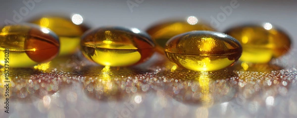 Obraz Close up of golden oil capsules arranged on a reflective surface in soft lighting