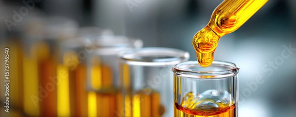 Obraz Focus on a dropper dispensing golden liquid into a test tube among various filled glass containers in a laboratory setting