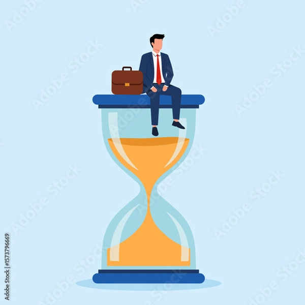 Obraz Illustration of a businessman sitting on top of an hourglass, symbolizing time management, deadlines, and the urgency of business.