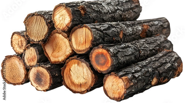 Fototapeta  a small stack of firewood logs next to a modern wood pellet, isolated on a pure Transparent background, symbolizing energy evolution, fuel comparison.